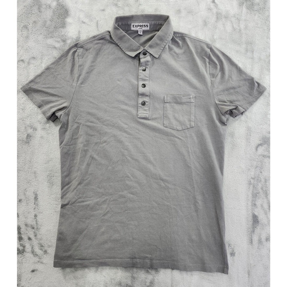 Express Polo Mens M Gray Fitted Stretch Cotton Pocket Shirt Office Preppy Sporty